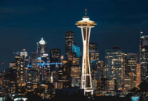 town Space Needle tower at night urban