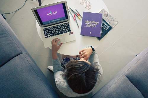laptop woman sitting on floor beside sectional sofa facing laptop person