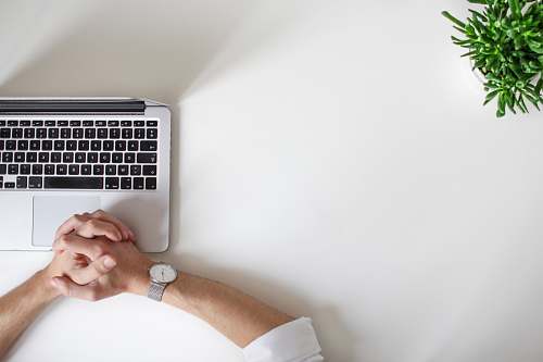 desk person wearing watch near laptop plant