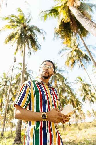 human man in striped shirt standing near plam trees tree