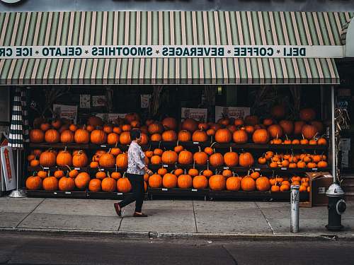 vegetable woman walking along pumpkin store squash