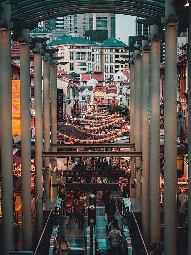 chinatown people gathered on the streets surrounded by stalls and buildings lanterns