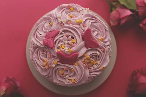dessert flat-lat photography of pink-icing colored rosette cake cream