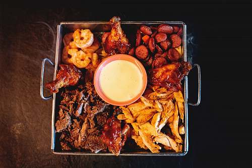 food meat and French fries with dip meal