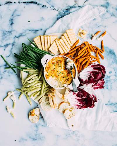 marble assorted food on white ceramic plate flatlay