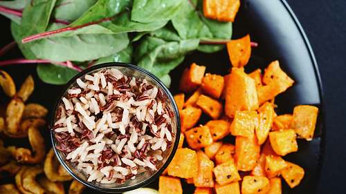 fries brown rice in bowl lunch