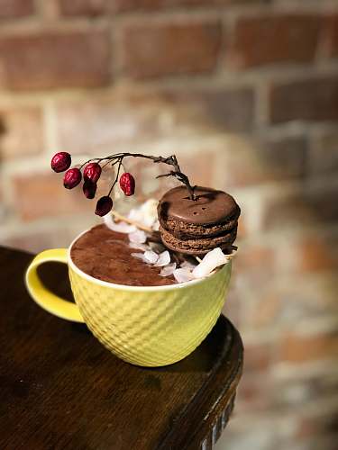 dessert chocolate coffee in cup on brown wooden table chocolate