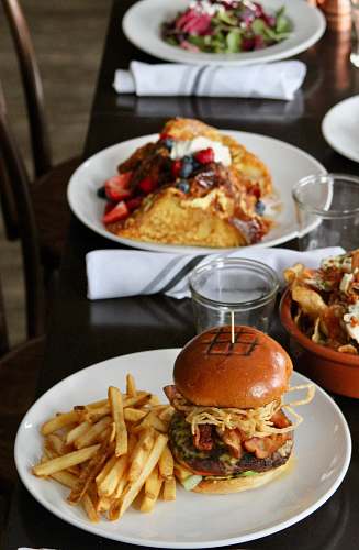 burger fried fries and burger on plate bowl