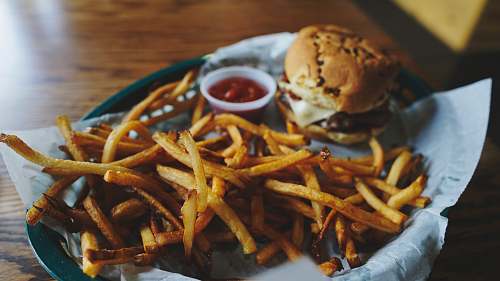 lobster fries and burger on tray animal