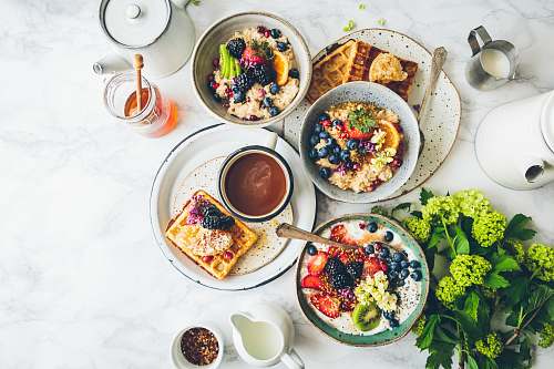 breakfast fruit salad on gray bowls brunch