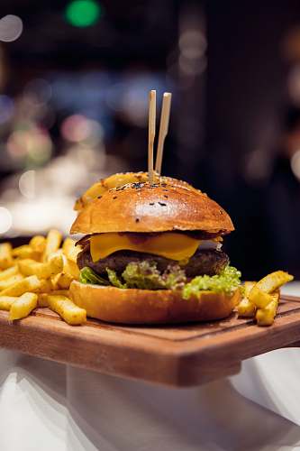 burger ham and cheese burger with fries 