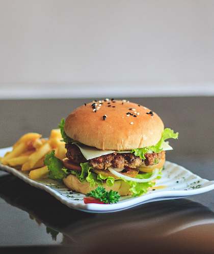 burger hamburger with lettuce and fries on white ceramic plate beef burger
