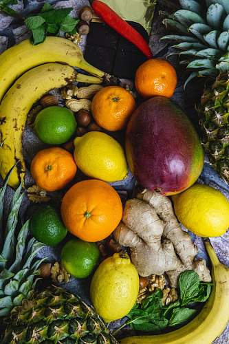 fruit lemon, avocado, ginger, orange fruit, bananas and calamdin citrus fruit