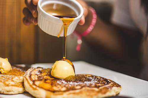 bread person pouring syrup into pancake pancake