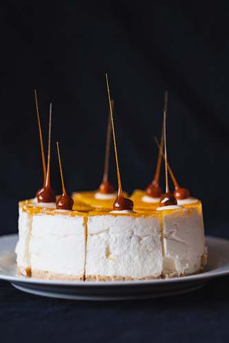 dessert selective focus photography of cheery topped cake on white plate caramel