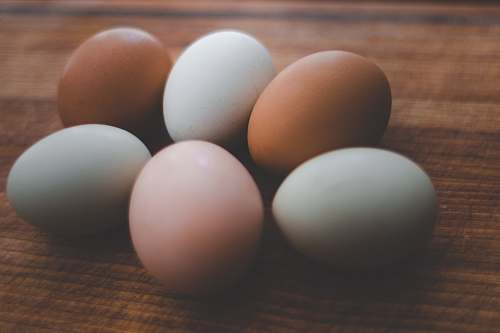 egg six brown and white egg on brown wooden surface chicken