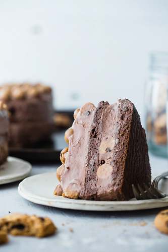 dessert slice of chocolate cake on white ceramic saucer chocolate
