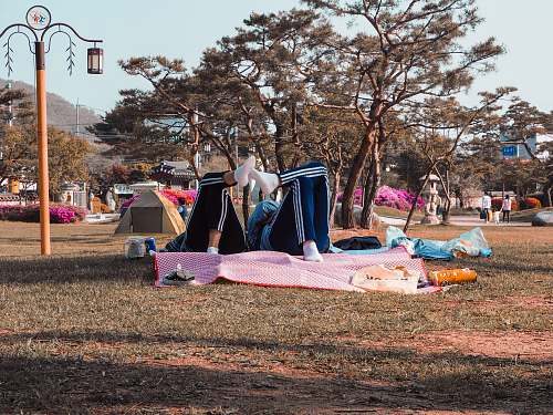 meal two people lying on pink mat in park vacation