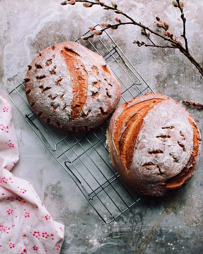 bread two round brown breads on metal grill flower