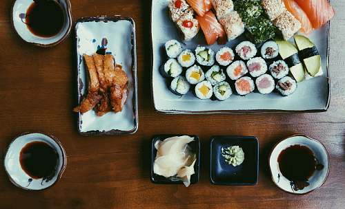meal variety of cooked foods sushi