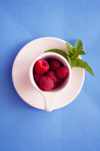 food red raspberries on mug plant