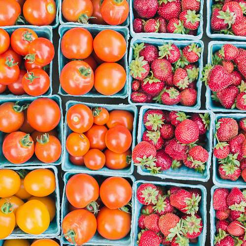 produce flat lay photography of strawberries and tomatoes food