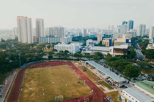 field aerial photography of soccer field building