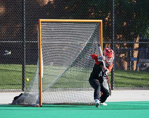 person man in red helmet holding stick near goal net people