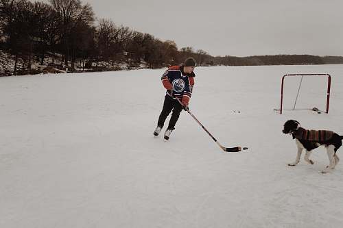 person man playing ice hockey on snow covered field animal