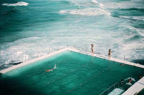 person people standing and swimming on swimming pool beside the ocean field