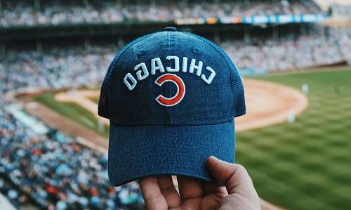 person person holding blue Chicago Cubs cap people