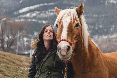 person woman in green parka jacket standing beside brown horse people