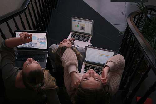 computer three person using laptops while sitting on ladder pc