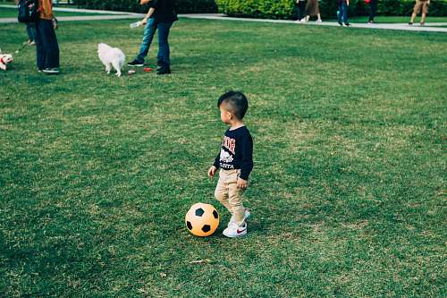 human boy playing soccer on grass field ball