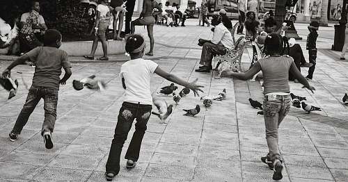 human grayscale photography of several kids running towards pigeons black-and-white
