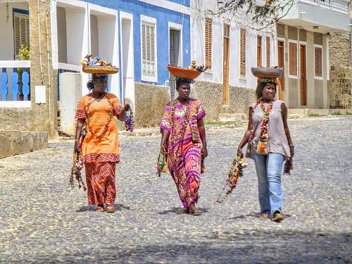 apparel three woman carrying basket over their heads clothing