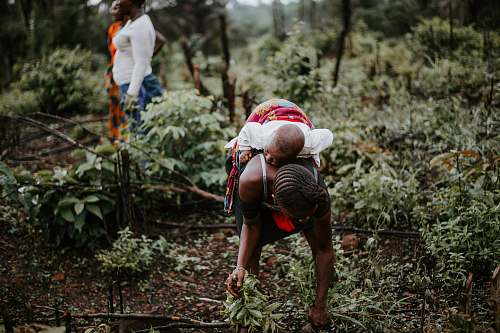 human woman carrying baby on her back during daytime plant
