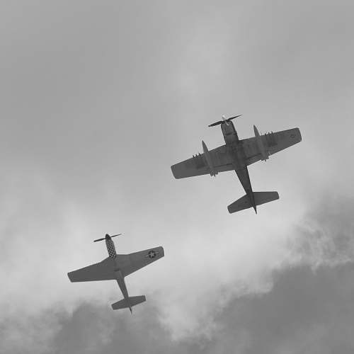 black-and-white low-angle photo of two airplanes grey