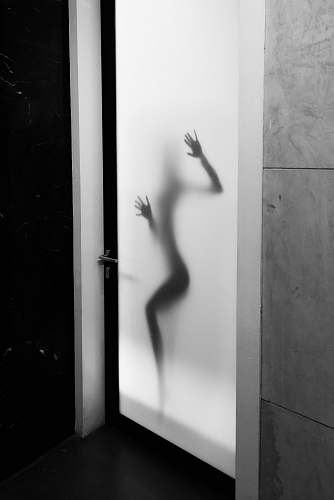 woman shadow of person against white panel glass door body