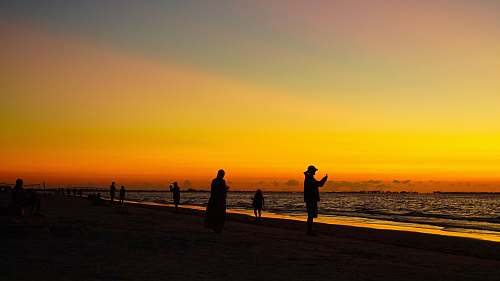 person silhouette of a group at sunset nature
