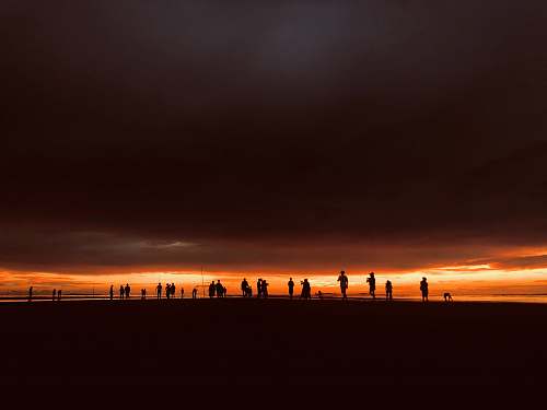 human silhouette of people standing under dark clouds during golden hour person