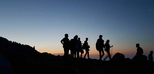 person silhouette on people standing on mountain during blue hour human
