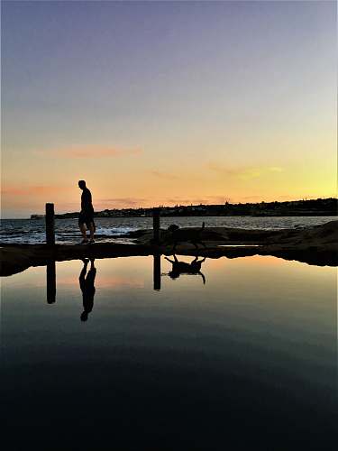 human silhouette photography of person and dog beside body of water water