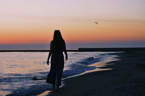 human woman silhouette on beach shore during golden hour people