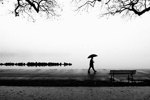 black-and-white person walking near body of water holding umbrella white