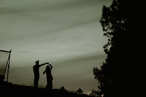 human silhouette of dancing couple near tree during night person