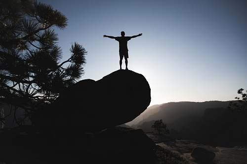 tree silhouette of man standing on boulder during daytime yosemite national park