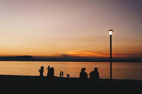human silhouette of people near seashore viewing lighted lamp post person