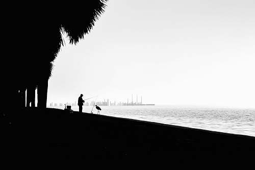 black-and-white silhouette of person standing beside beach white