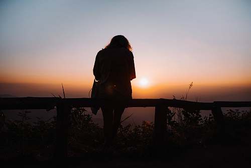 human silhouette of woman sitting on brown wooden railling person